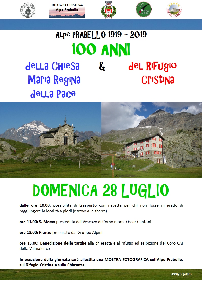 28 luglio 2019 Centenario della chiesa e del rifugio all'Alpe Prabello